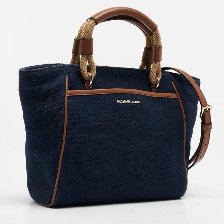 Pre Owned Michael Kors Navy Blue/Brown Canvas Small Talia Tote