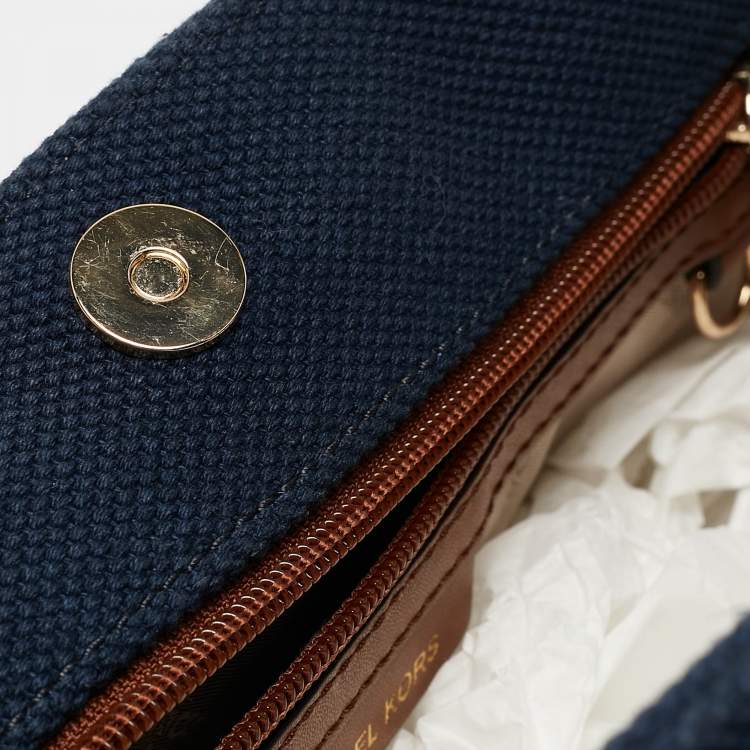 Pre Owned Michael Kors Navy Blue/Brown Canvas Small Talia Tote