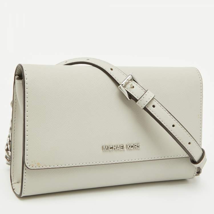 Pre Owned Michael Kors Grey Saffiano Leather Jet Set Travel Crossbody Bag