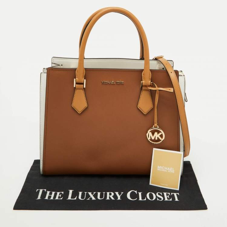 Pre Owned Michael Kors Brown/White Leather Large Hope Tote