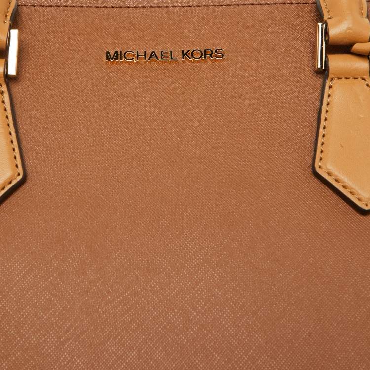Pre Owned Michael Kors Brown/White Leather Large Hope Tote