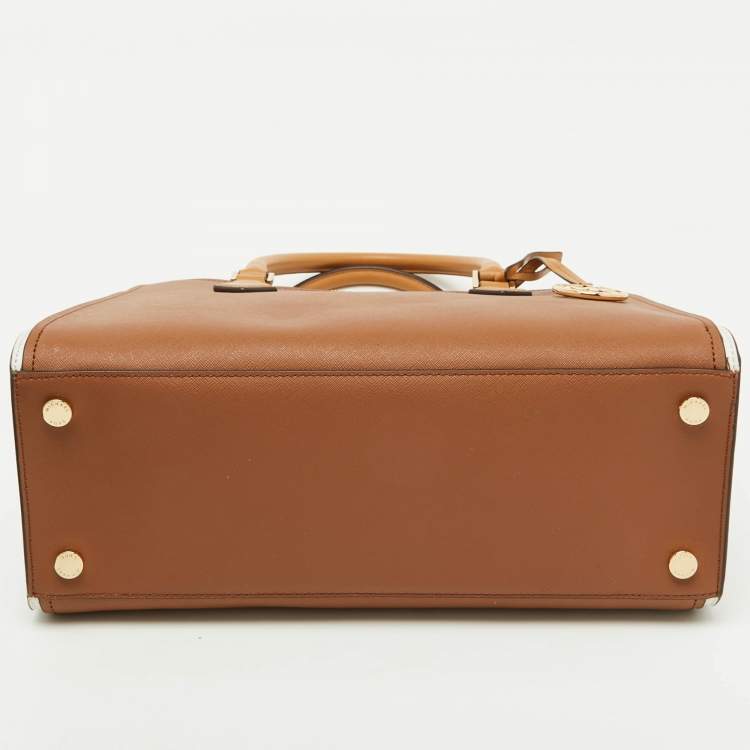 Pre Owned Michael Kors Brown/White Leather Large Hope Tote