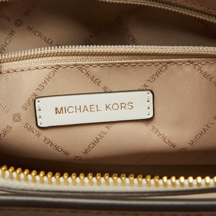 Pre Owned Michael Kors Brown/White Leather Large Hope Tote