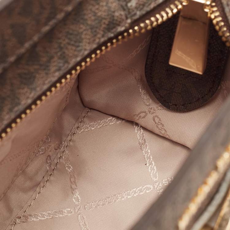 Pre Owned Michael Kors Brown/Pink Siganture Coated Canvas Mini Nouveau Hamilton Crossbody Bag