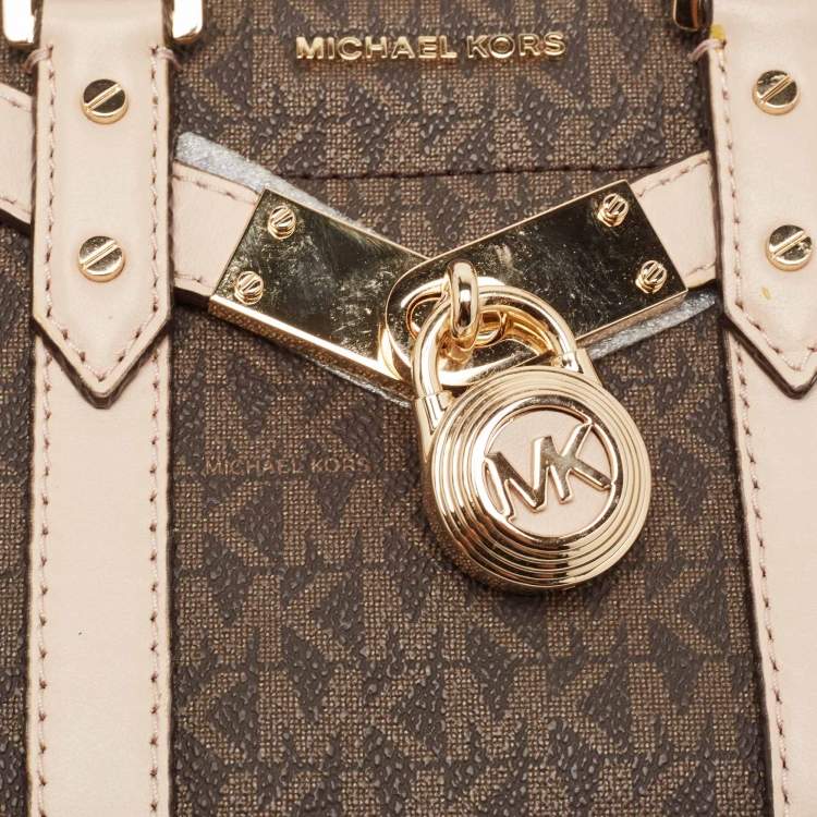 Pre Owned Michael Kors Brown/Pink Siganture Coated Canvas Mini Nouveau Hamilton Crossbody Bag