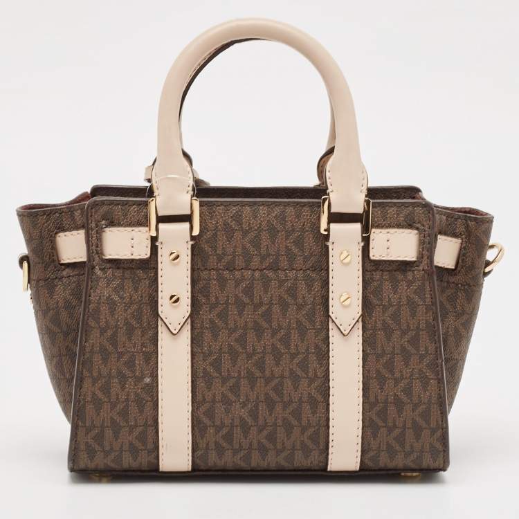 Pre Owned Michael Kors Brown/Pink Siganture Coated Canvas Mini Nouveau Hamilton Crossbody Bag