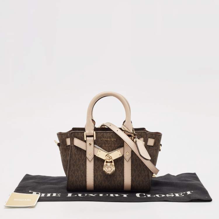 Pre Owned Michael Kors Brown/Pink Siganture Coated Canvas Mini Nouveau Hamilton Crossbody Bag
