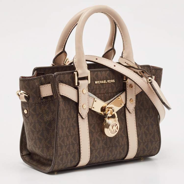 Pre Owned Michael Kors Brown/Pink Siganture Coated Canvas Mini Nouveau Hamilton Crossbody Bag