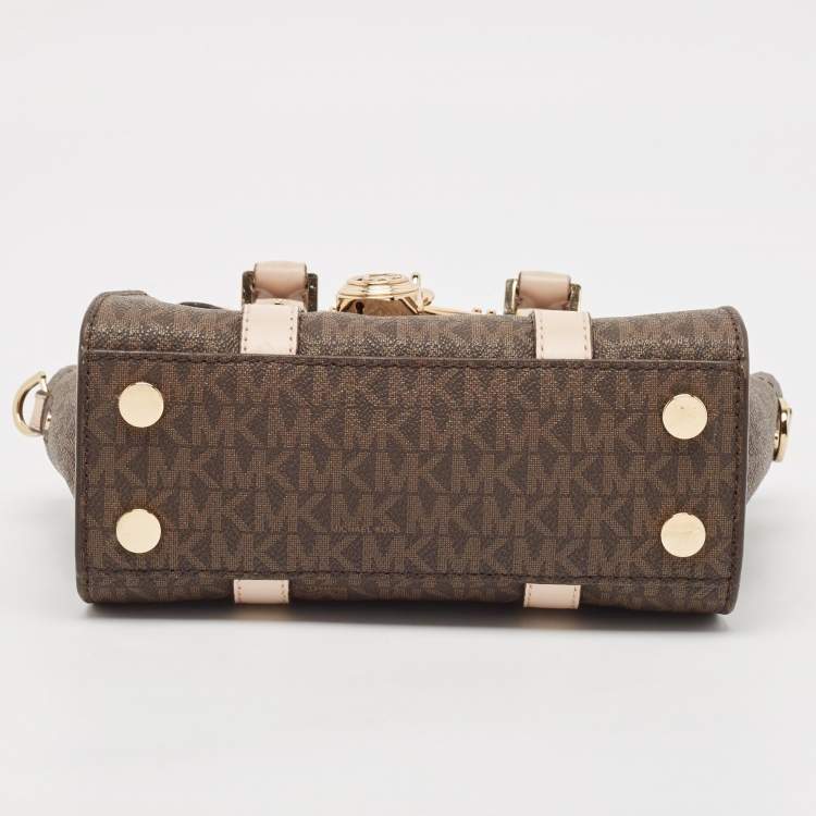 Pre Owned Michael Kors Brown/Pink Siganture Coated Canvas Mini Nouveau Hamilton Crossbody Bag