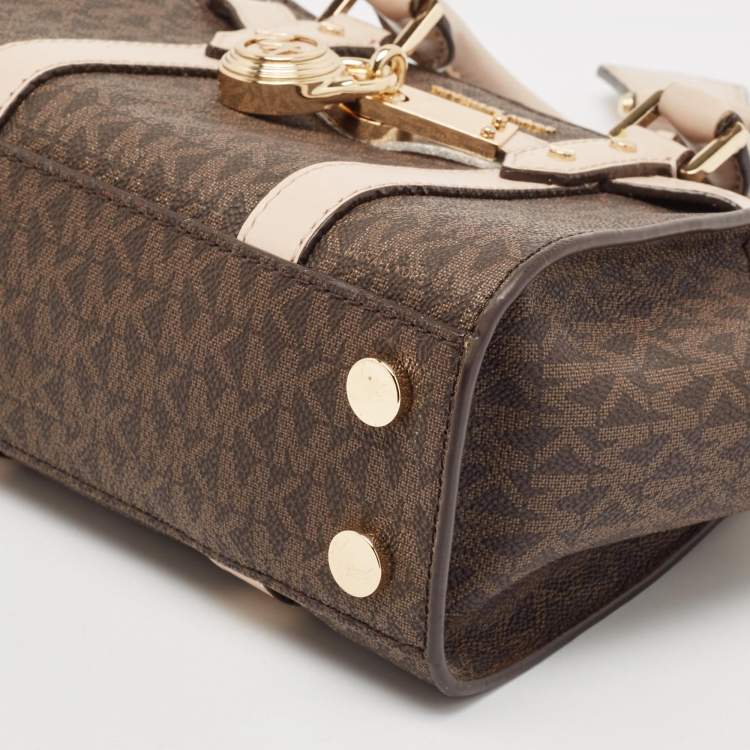 Pre Owned Michael Kors Brown/Pink Siganture Coated Canvas Mini Nouveau Hamilton Crossbody Bag
