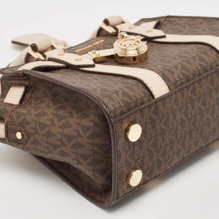 Pre Owned Michael Kors Brown/Pink Siganture Coated Canvas Mini Nouveau Hamilton Crossbody Bag