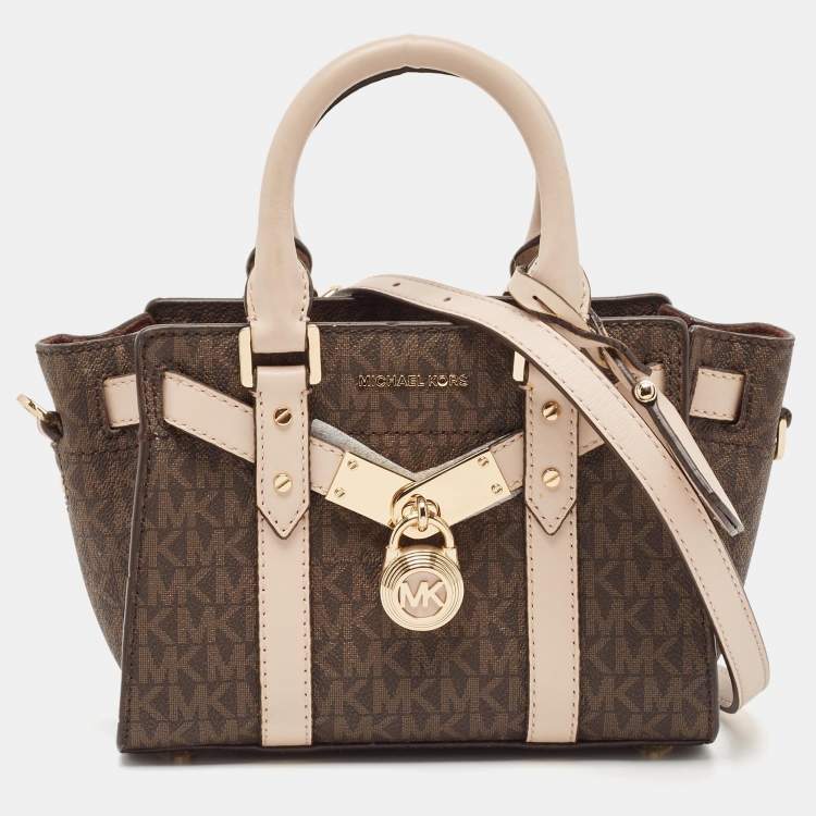 Pre Owned Michael Kors Brown/Pink Siganture Coated Canvas Mini Nouveau Hamilton Crossbody Bag