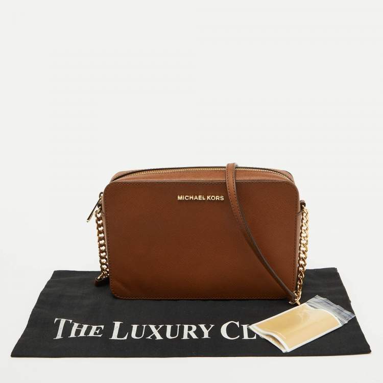 Pre Owned Michael Kors Brown Leather Jet Set Camera Crossbody Bag