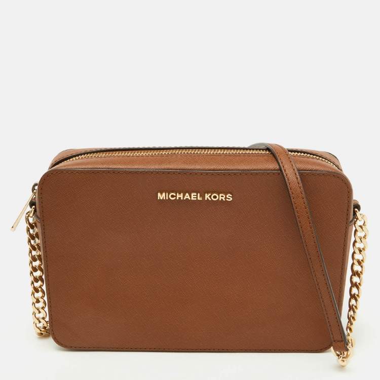 Pre Owned Michael Kors Brown Leather Jet Set Camera Crossbody Bag