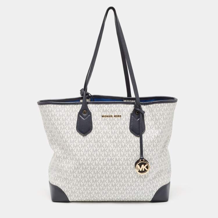 Pre Owned Michael Kors Navy Blue/White Signature Coated Canvas and Leather Large Eva Tote