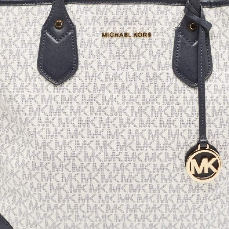 Pre Owned Michael Kors Navy Blue/White Signature Coated Canvas and Leather Large Eva Tote