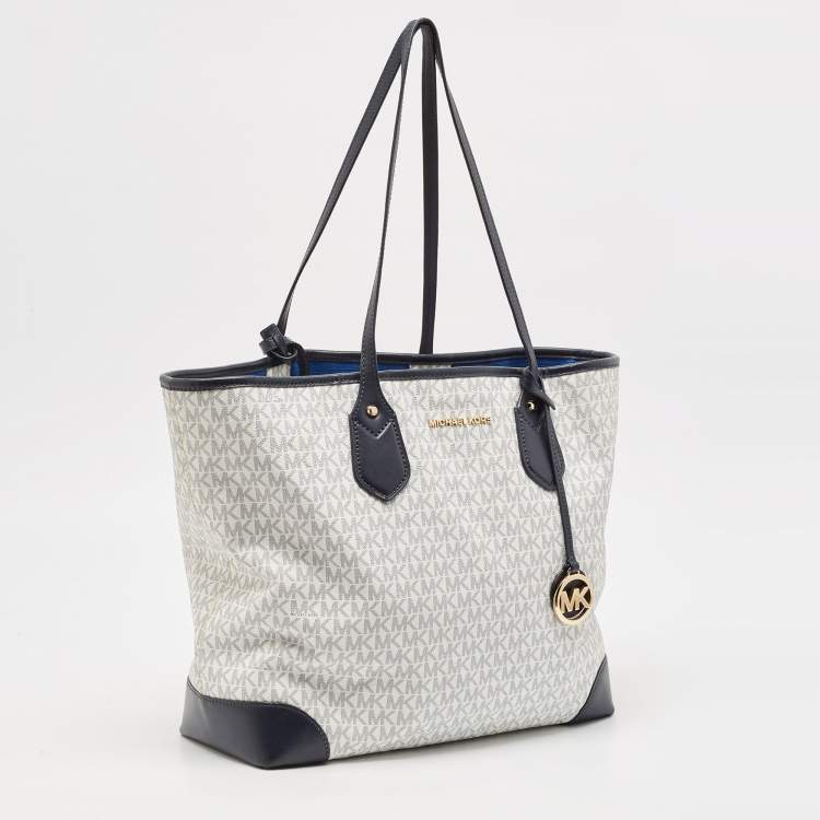Pre Owned Michael Kors Navy Blue/White Signature Coated Canvas and Leather Large Eva Tote