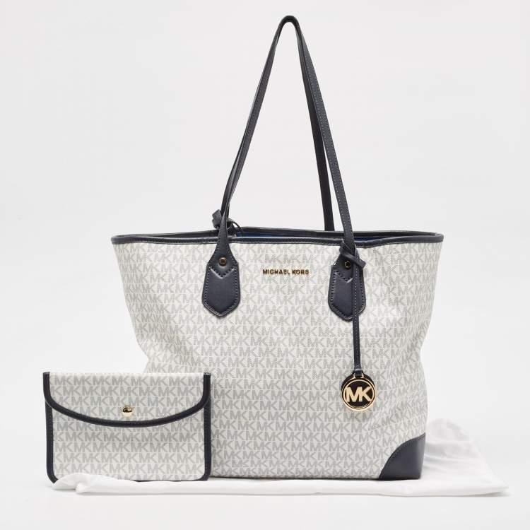 Pre Owned Michael Kors Navy Blue/White Signature Coated Canvas and Leather Large Eva Tote