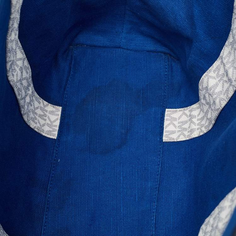 Pre Owned Michael Kors Navy Blue/White Signature Coated Canvas and Leather Large Eva Tote