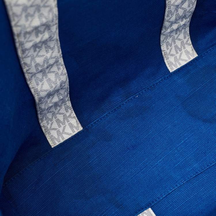 Pre Owned Michael Kors Navy Blue/White Signature Coated Canvas and Leather Large Eva Tote