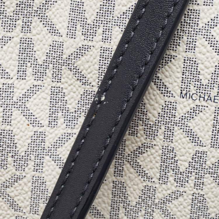 Pre Owned Michael Kors Navy Blue/White Signature Coated Canvas and Leather Large Eva Tote