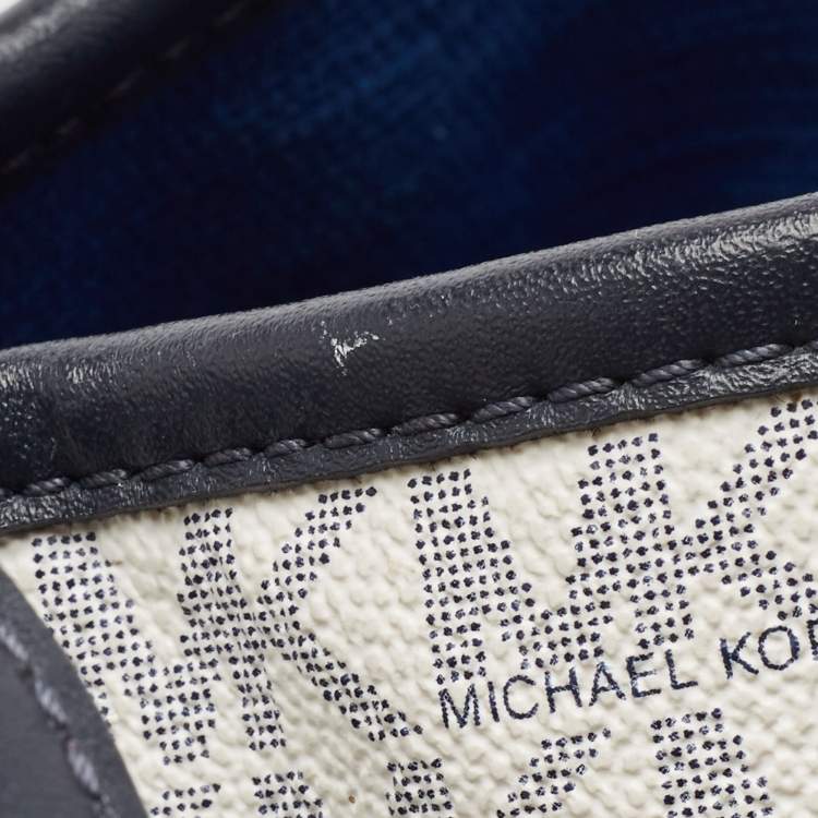 Pre Owned Michael Kors Navy Blue/White Signature Coated Canvas and Leather Large Eva Tote