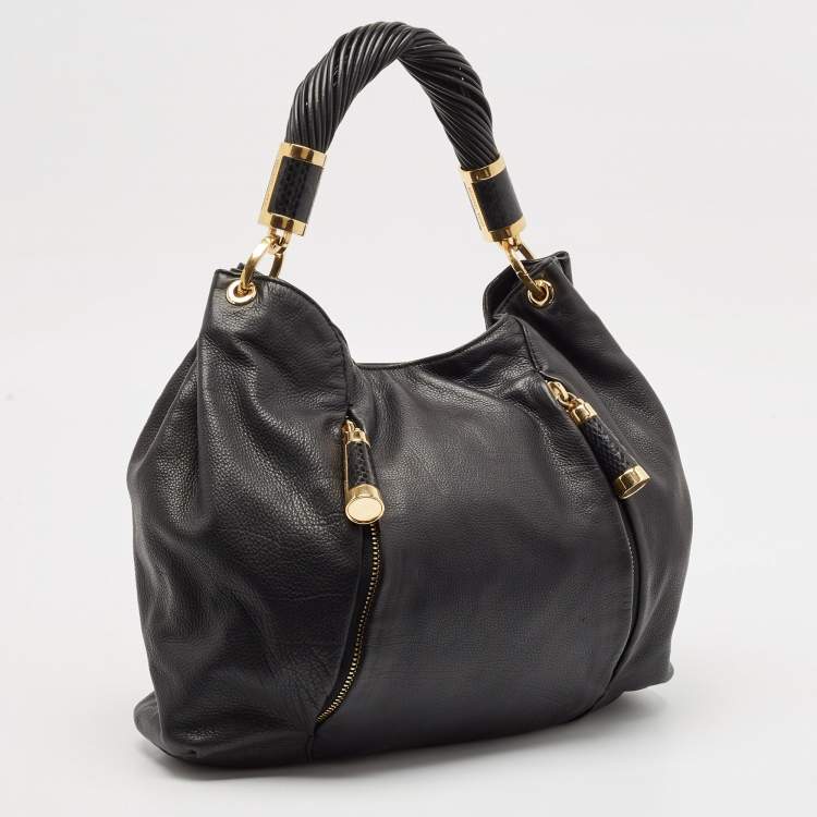 Pre Owned Michael Kors Black Leather and Snakeskin Embossed Tonne Hobo