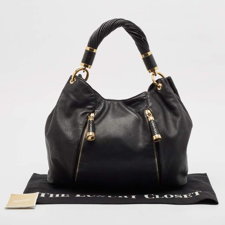 Pre Owned Michael Kors Black Leather and Snakeskin Embossed Tonne Hobo