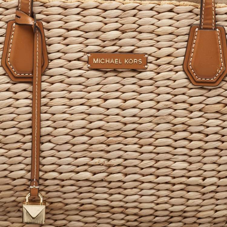 Pre Owned Michael Kors Beige/Brown Woven Raffia and Leather Malibu Tote