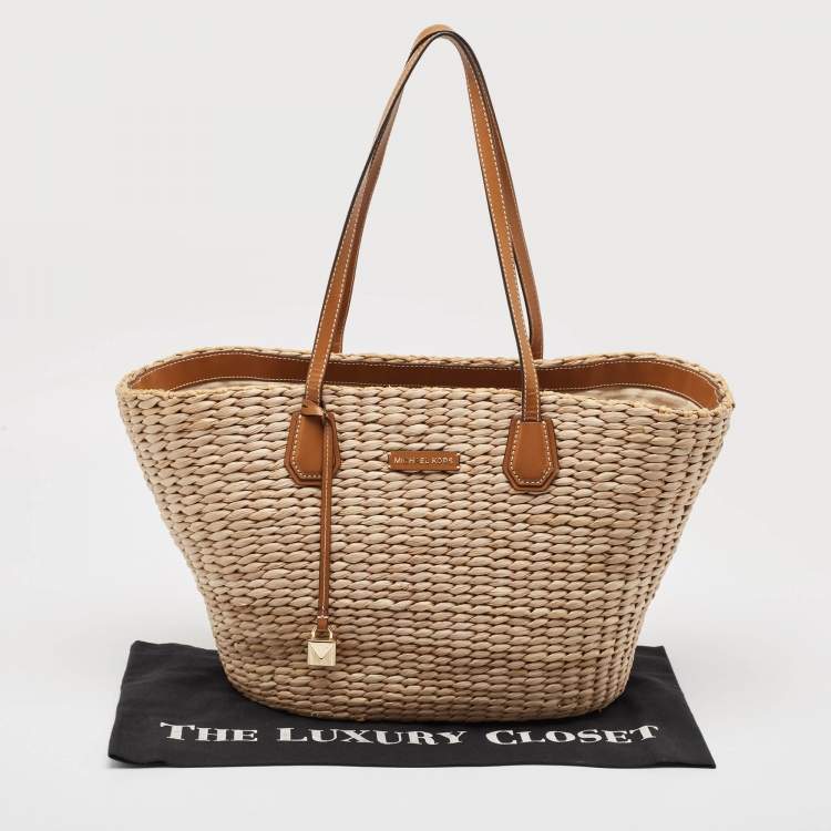 Pre Owned Michael Kors Beige/Brown Woven Raffia and Leather Malibu Tote