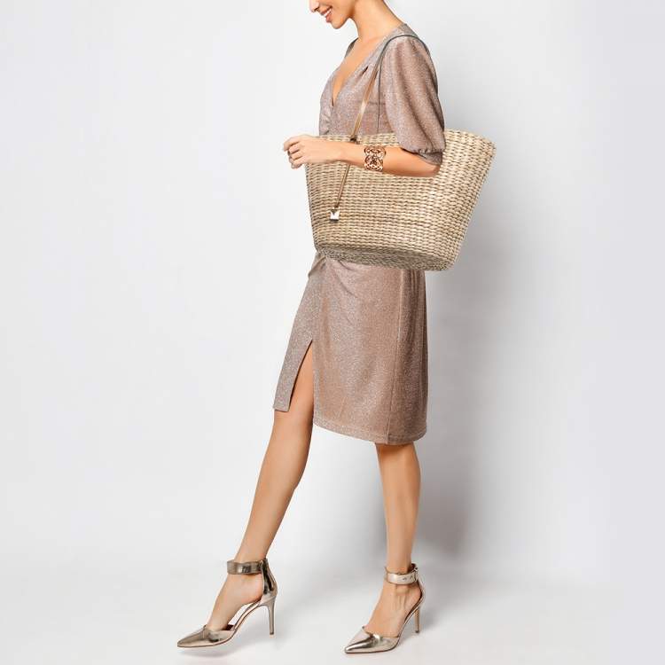 Pre Owned Michael Kors Beige/Brown Woven Raffia and Leather Malibu Tote