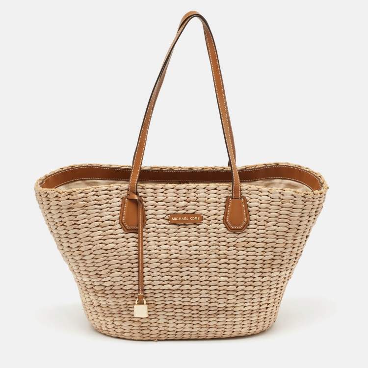 Pre Owned Michael Kors Beige/Brown Woven Raffia and Leather Malibu Tote