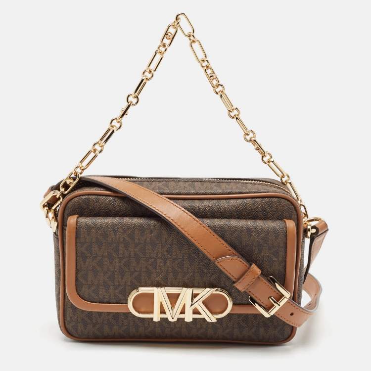 Pre Owned Michael Kors Brown Signature Coated Canvas Medium Parker Crossbody Bag