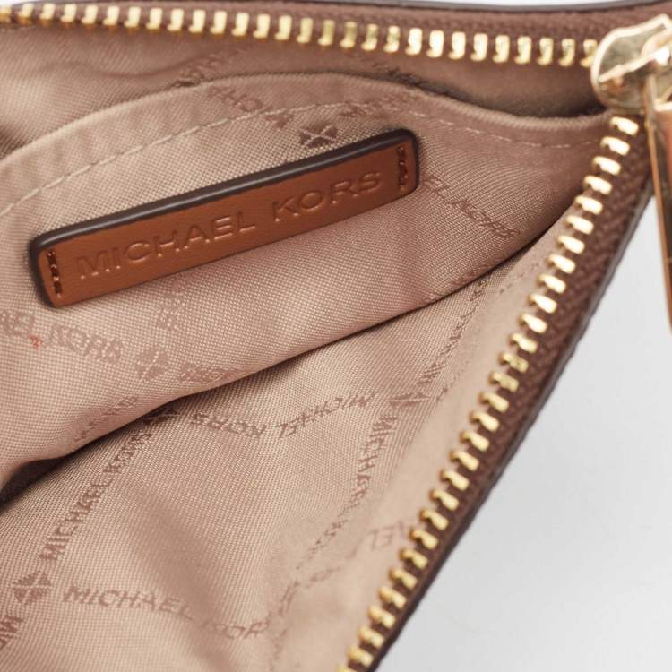 Pre Owned Michael Kors Dark Brown/Beige Signature Coated Canvas and Leather Zip Card Holder
