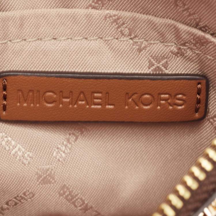 Pre Owned Michael Kors Dark Brown/Beige Signature Coated Canvas and Leather Zip Card Holder