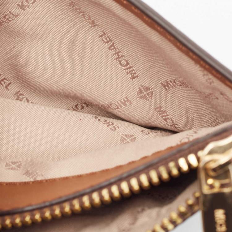 Pre Owned Michael Kors Dark Brown/Beige Signature Coated Canvas and Leather Zip Card Holder