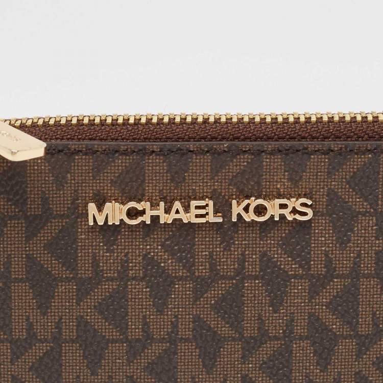 Pre Owned Michael Kors Dark Brown/Beige Signature Coated Canvas and Leather Zip Card Holder