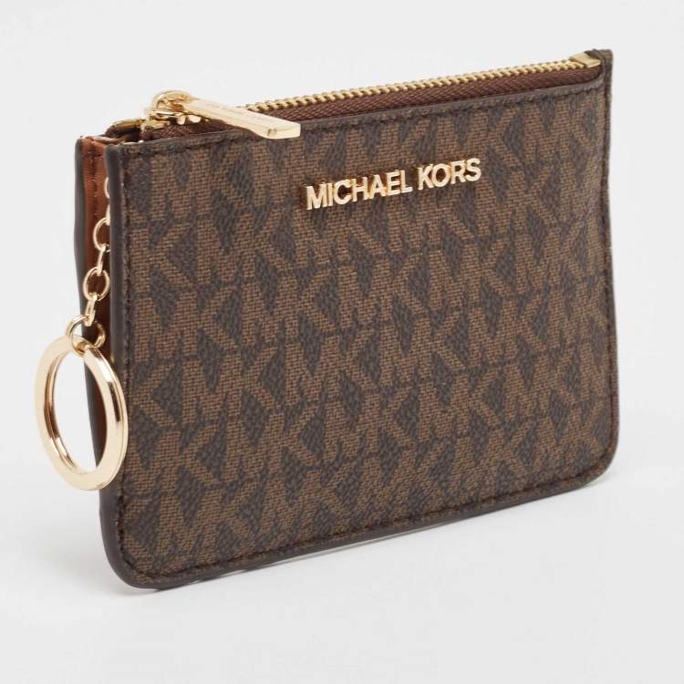 Pre Owned Michael Kors Dark Brown/Beige Signature Coated Canvas and Leather Zip Card Holder