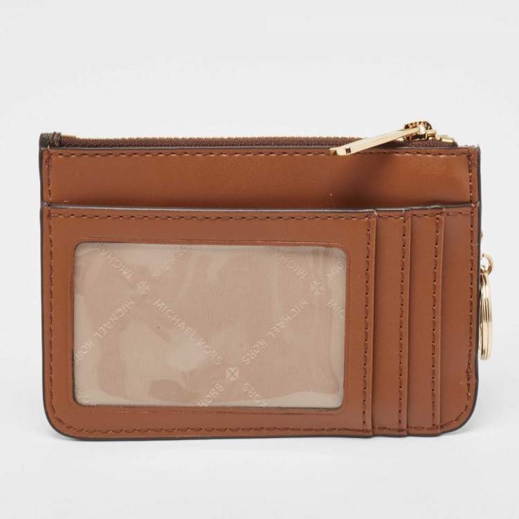 Pre Owned Michael Kors Dark Brown/Beige Signature Coated Canvas and Leather Zip Card Holder