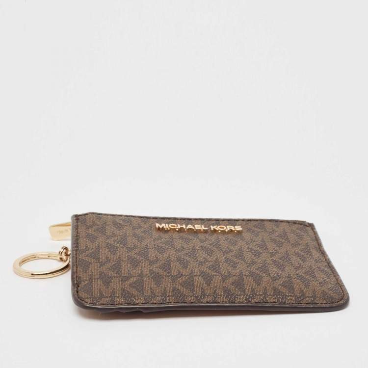 Pre Owned Michael Kors Dark Brown/Beige Signature Coated Canvas and Leather Zip Card Holder