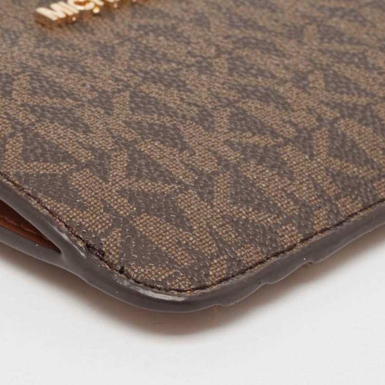 Pre Owned Michael Kors Dark Brown/Beige Signature Coated Canvas and Leather Zip Card Holder