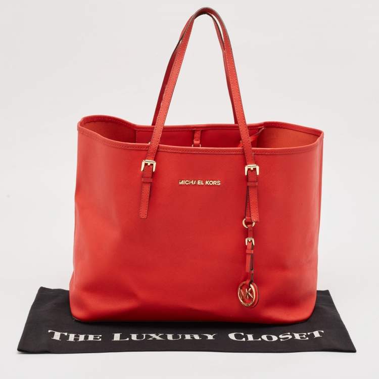 Pre Owned Michael Kors Red Leather Large Jet Set Travel Tote