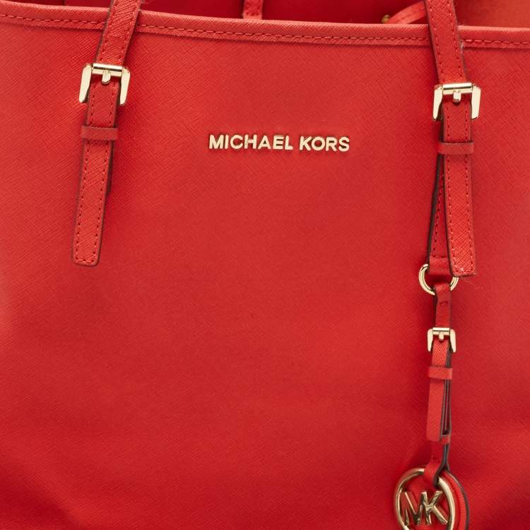 Pre Owned Michael Kors Red Leather Large Jet Set Travel Tote