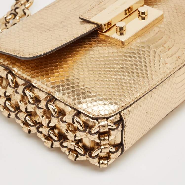 Pre Owned Michael Kors Gold Python Embossed Leather Piper Shoulder Bag