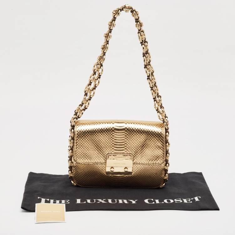 Pre Owned Michael Kors Gold Python Embossed Leather Piper Shoulder Bag