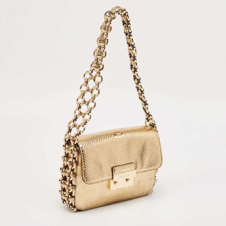 Pre Owned Michael Kors Gold Python Embossed Leather Piper Shoulder Bag