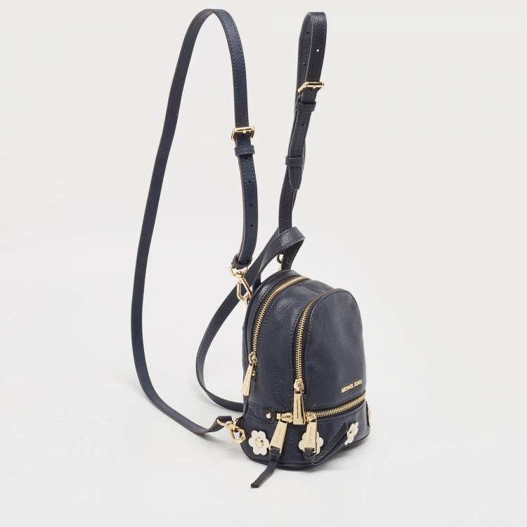 Pre Owned Michael Kors Navy Blue Leather Floral Rhea Backpack