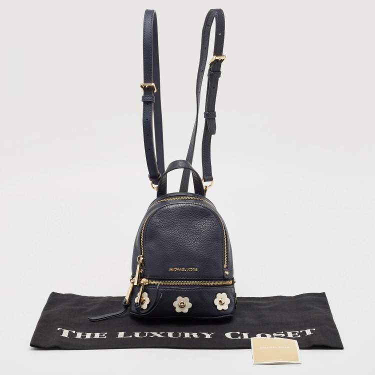 Pre Owned Michael Kors Navy Blue Leather Floral Rhea Backpack