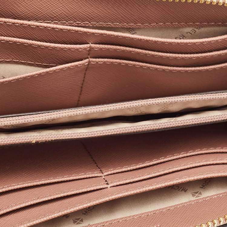 Pre Owned Michael Kors Dusty Pink Leather Jet Set Three Quarter Zip Around Wallet