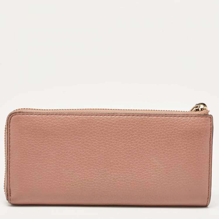 Pre Owned Michael Kors Dusty Pink Leather Jet Set Three Quarter Zip Around Wallet